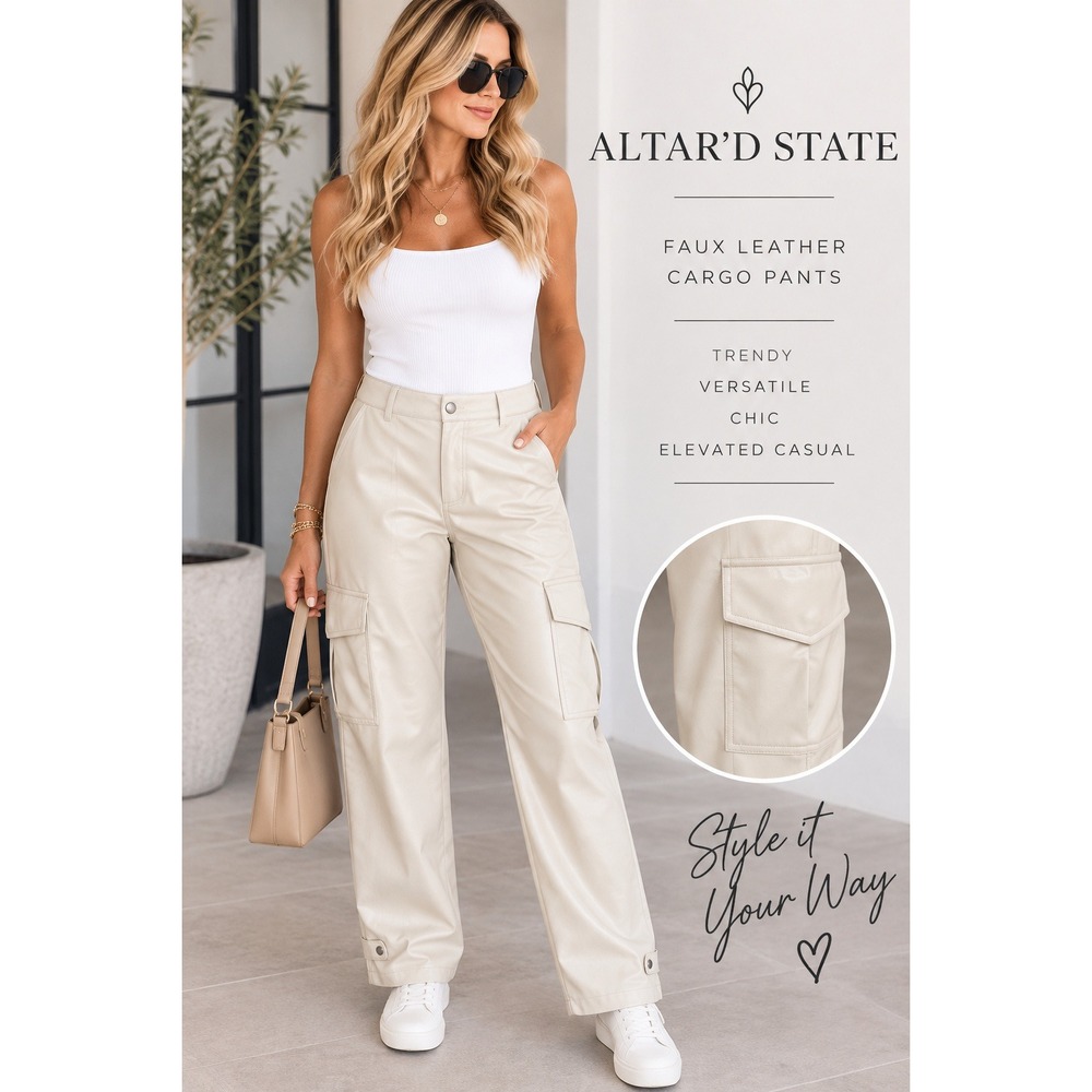 Altar'd State Faux Leather Cargo Pants Cream Off White Straight Leg Women's